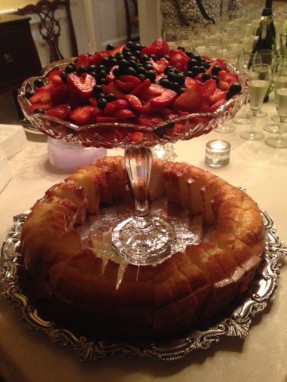 Isn't this a lovely dessert presentation?  Debbie sliced a few pound cakes and arranged on a silver tray with strawberries and blueberries and whipped cream on the side.